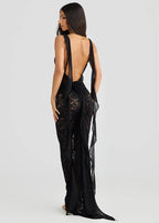 Floral Lace Square Neck Backless Ruffle Streamer Spaghetti Strap Maxi Dress