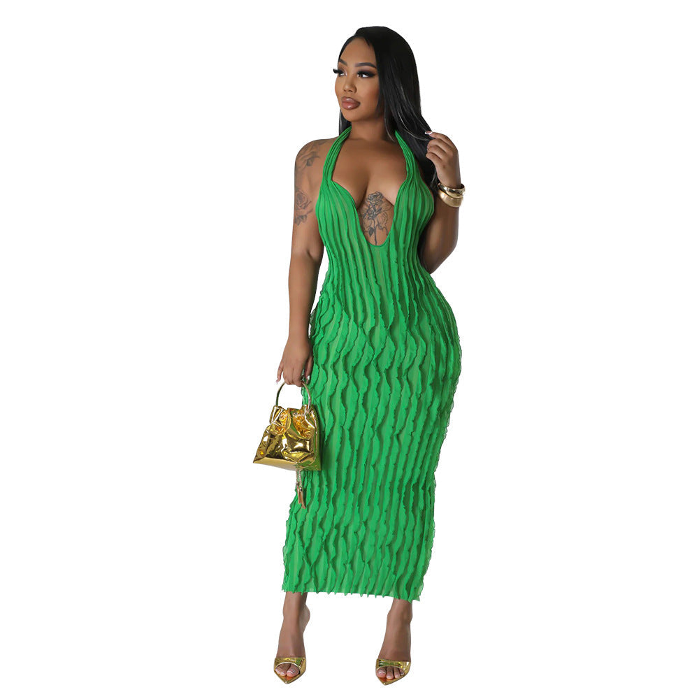 Halter Keyhole Ruched Stripe Texture Bodycon Maxi Dress