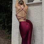 Satin Deep V-Neck Spaghetti Strap Lace Up Side Bodycon Maxi Dress