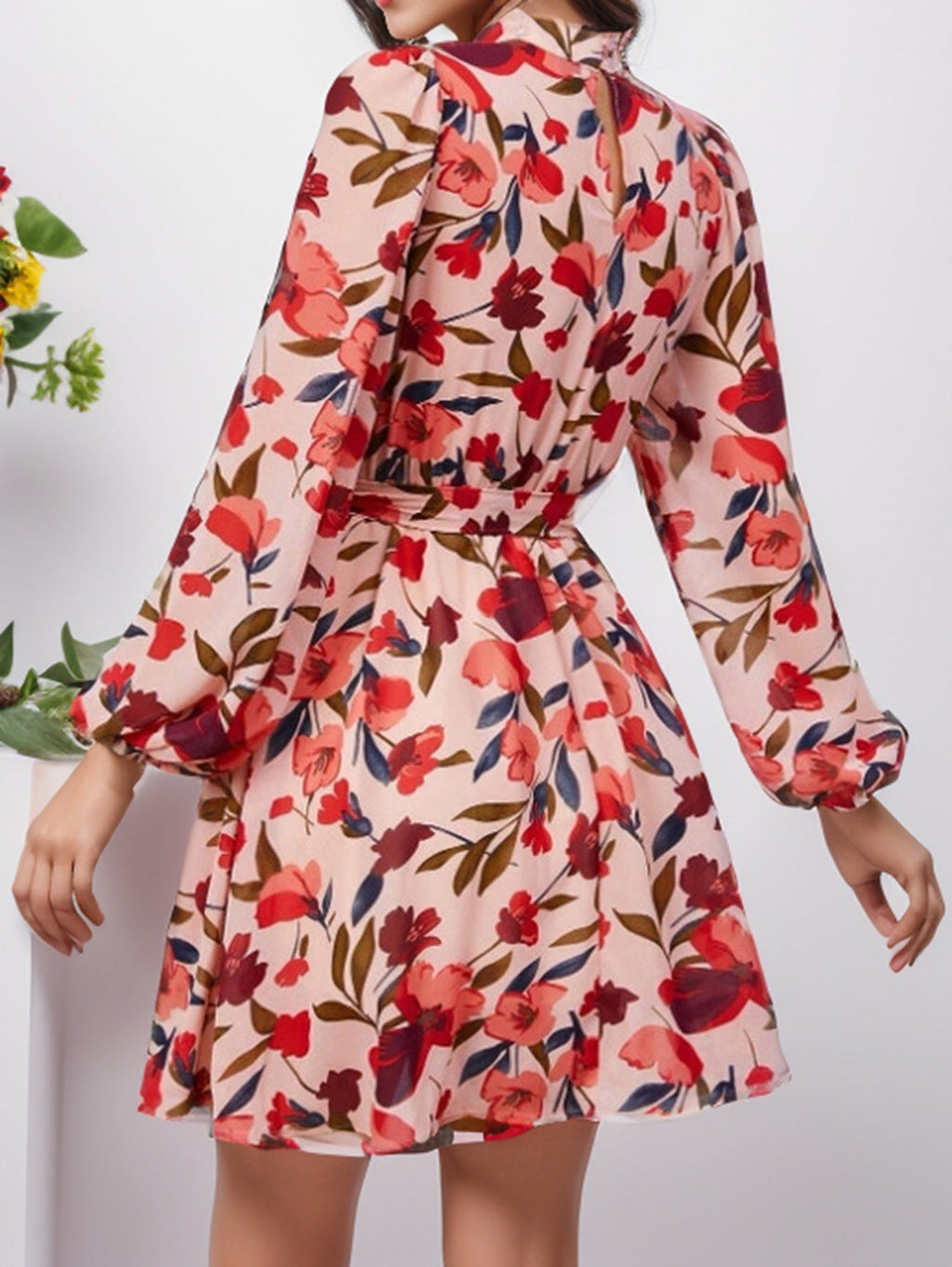 Nerea Timeless Women's Floral Print Dress with Waist Belt and Long Sleeves Evening Wear Edit