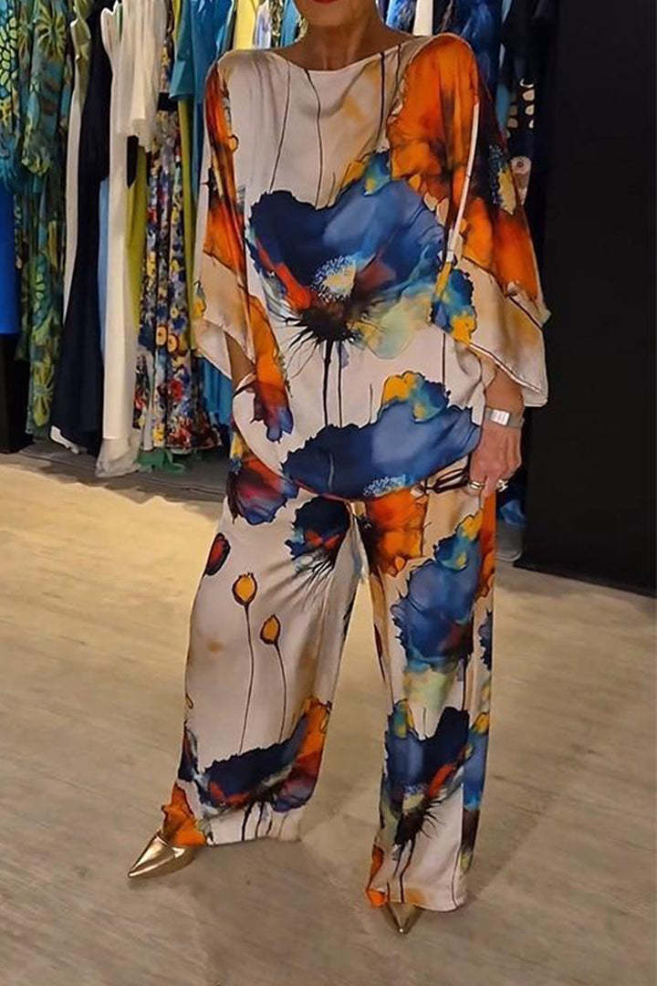 Unique Elegant Satin Loose Fit Printed Batwing Sleeve Set