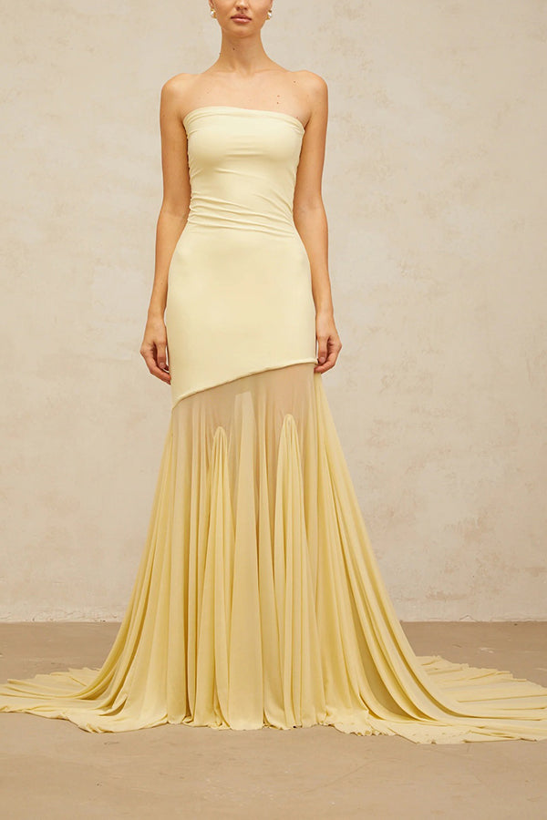 Solid Color Sleeveless Off-shoulder Mesh-paneled Fitted Maxi Dress