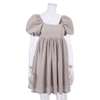 Cute Puff Sleeve Square Neck Linen Babydoll Mini Dress - Khaki