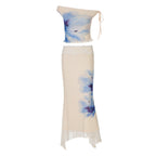 Women Clothing Summer Printed Diagonal Collar Lace up Top Slim Wave Edge Skirt Set
