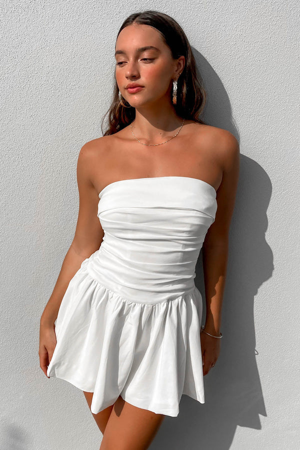 Strapless Ruched Drop Waist Pleated Flare Mini Dress