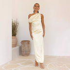 Satin One Shoulder Draped Asymmetric Neckline Midi Dress