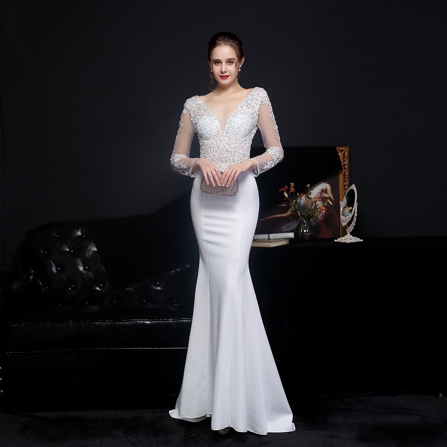 Floral Lace Illusion Long Sleeve Mermaid Trumpet Formal Gown
