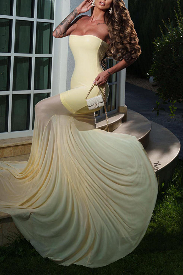 Solid Color Sleeveless Off-shoulder Mesh-paneled Fitted Maxi Dress