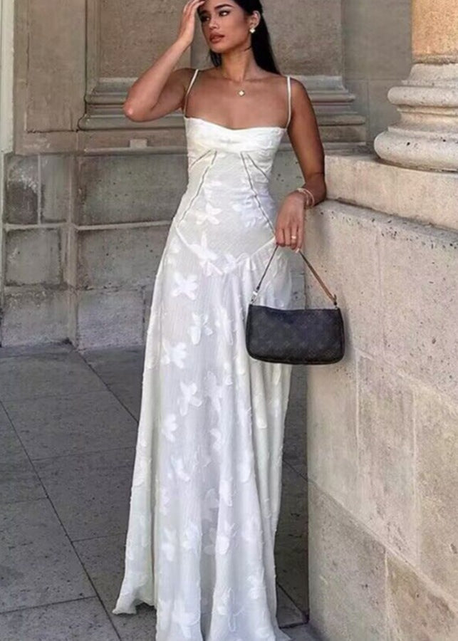 Floral Applique Spaghetti Strap Square Neck Corset Seam Maxi Dress