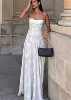 Floral Applique Spaghetti Strap Square Neck Corset Seam Maxi Dress