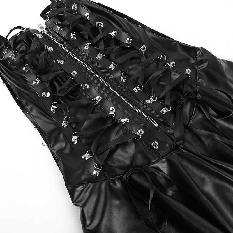 Lace up PU leather sweetheart neck solid zip-up mini dress