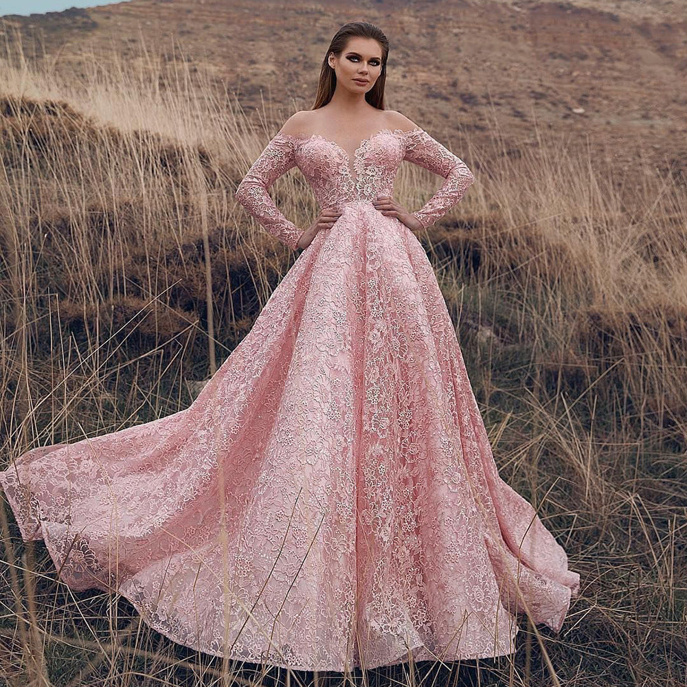Off Shoulder Sweetheart Lace Long Sleeve Ball Gown