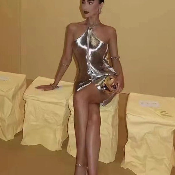 Halter Neck Metallic Center Seam Side Slit Bodycon Midi Dress