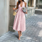 Halter Plunging V-Neck Textured Floral Jacquard Fit and Flare Midi Dress