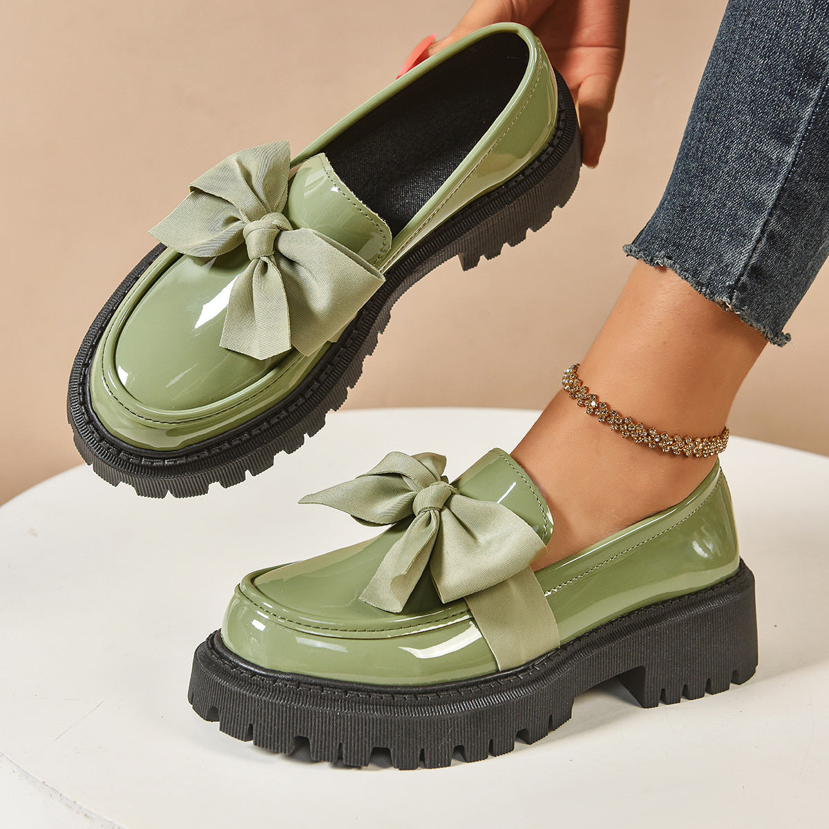 AmyVictoria | Elegant Solid Color Bowknot Slip-On Loafers