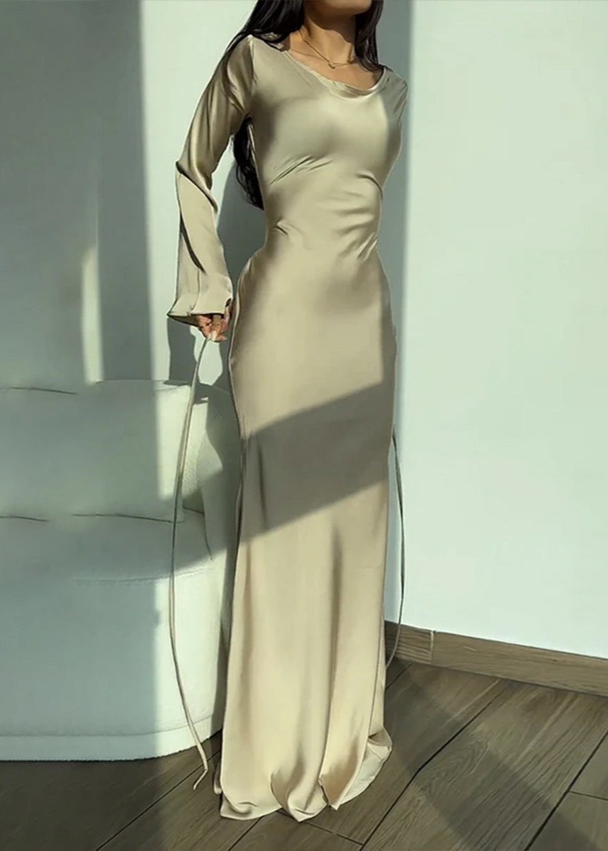 Satin Crew Neck Bell Sleeve Column Maxi Dress
