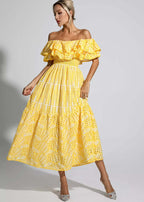 Off Shoulder Eyelet Lace Smocked Tiered Ruffle Maxi Dress