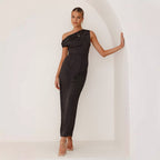 Satin One Shoulder Draped Asymmetric Neckline Midi Dress