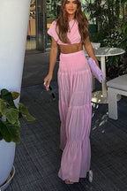 Stunning Chiffon Ruched Shoulder Short Sleeve Crop Top