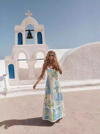 Baroque Column Print Sweetheart Neck Lace Trim Tiered Maxi Dress