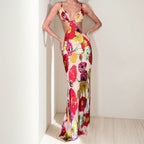 Hawaiian Dreams Satin Floral Print Cutout Backless Maxi Dress