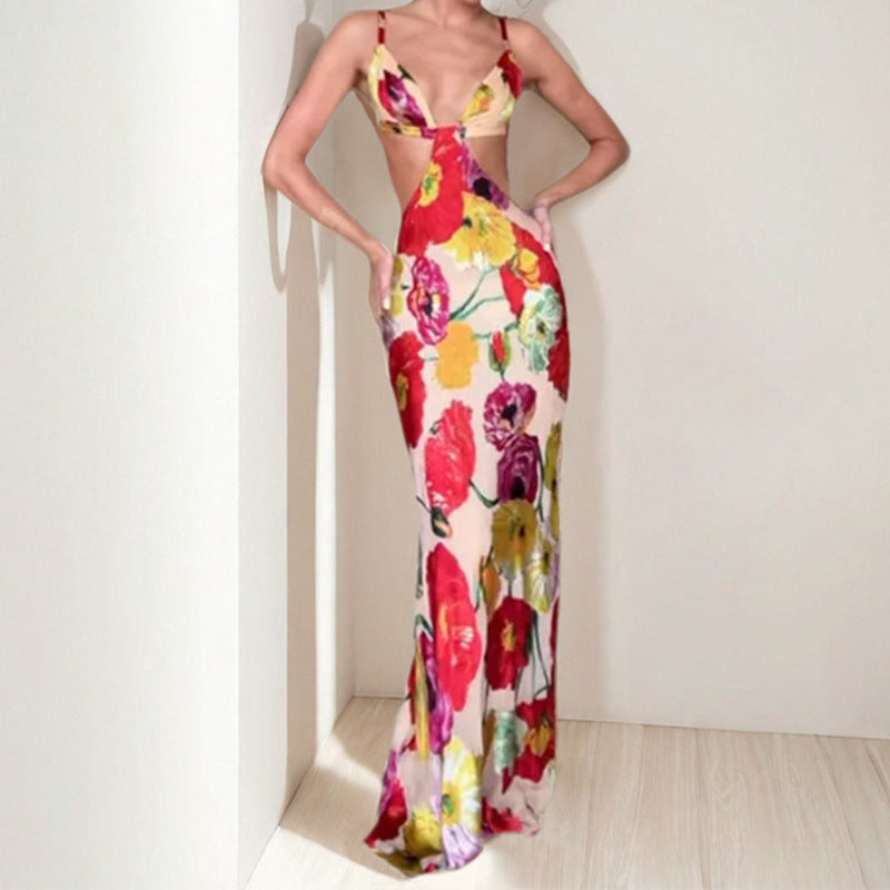 Hawaiian Dreams Satin Floral Print Cutout Backless Maxi Dress