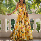 Floral Print Deep V-Neck Halter Neck A-Line Maxi Dress