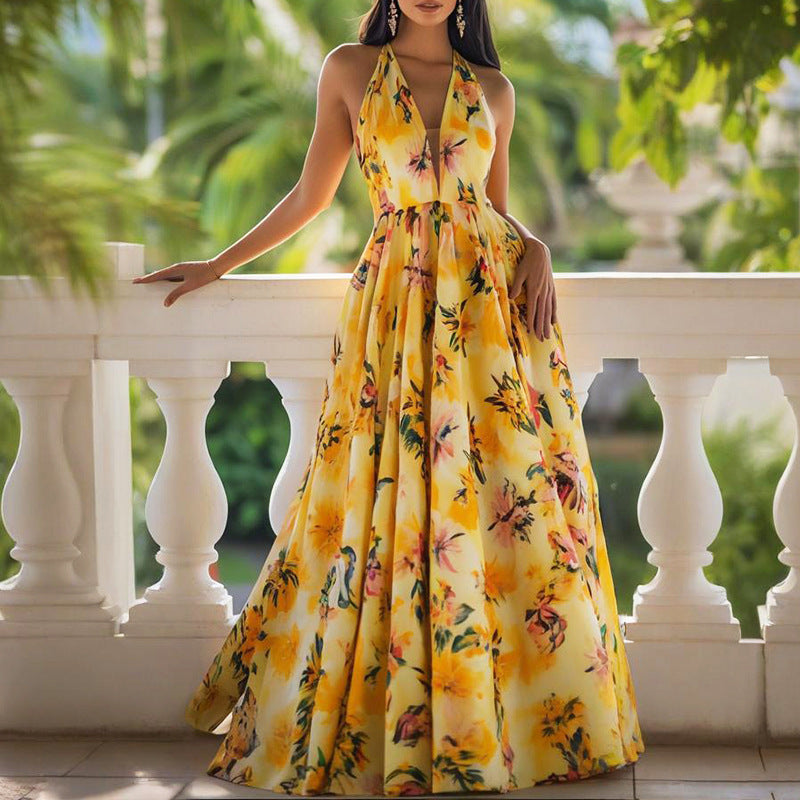 Floral Print Deep V-Neck Halter Neck A-Line Maxi Dress