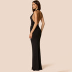 Lace Halter Plunging V-Neck Ruched Waist Column Maxi Gown