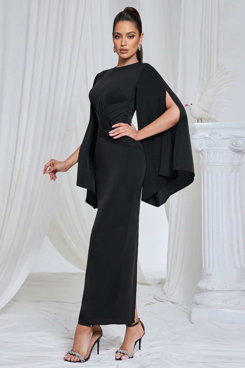Nali Solid Black Round Neck Maxi Dress