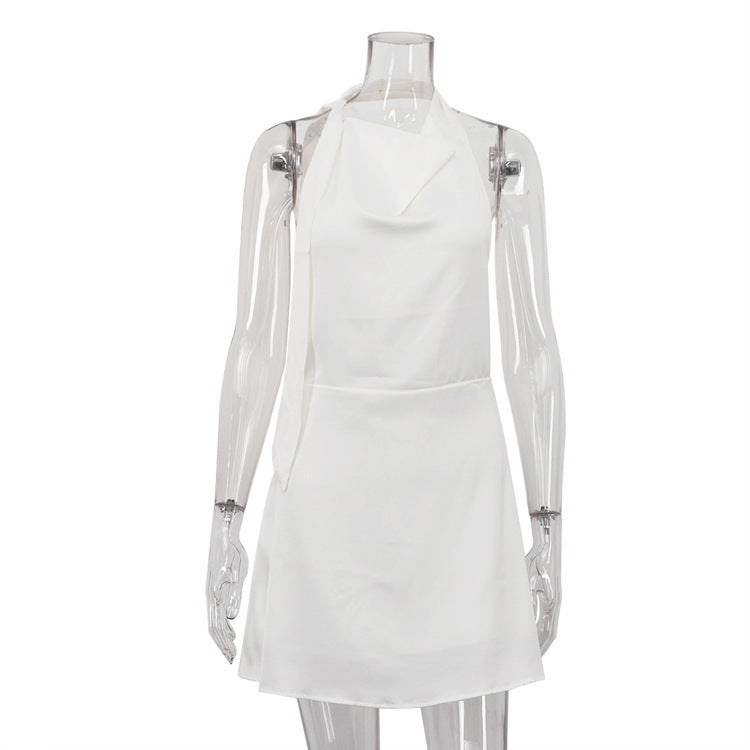Satin Halter Neck Open Back Tie Sash A-Line Mini Dress