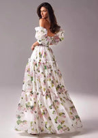 Off Shoulder Puff Sleeve Tiered Floral Organza Maxi Dress