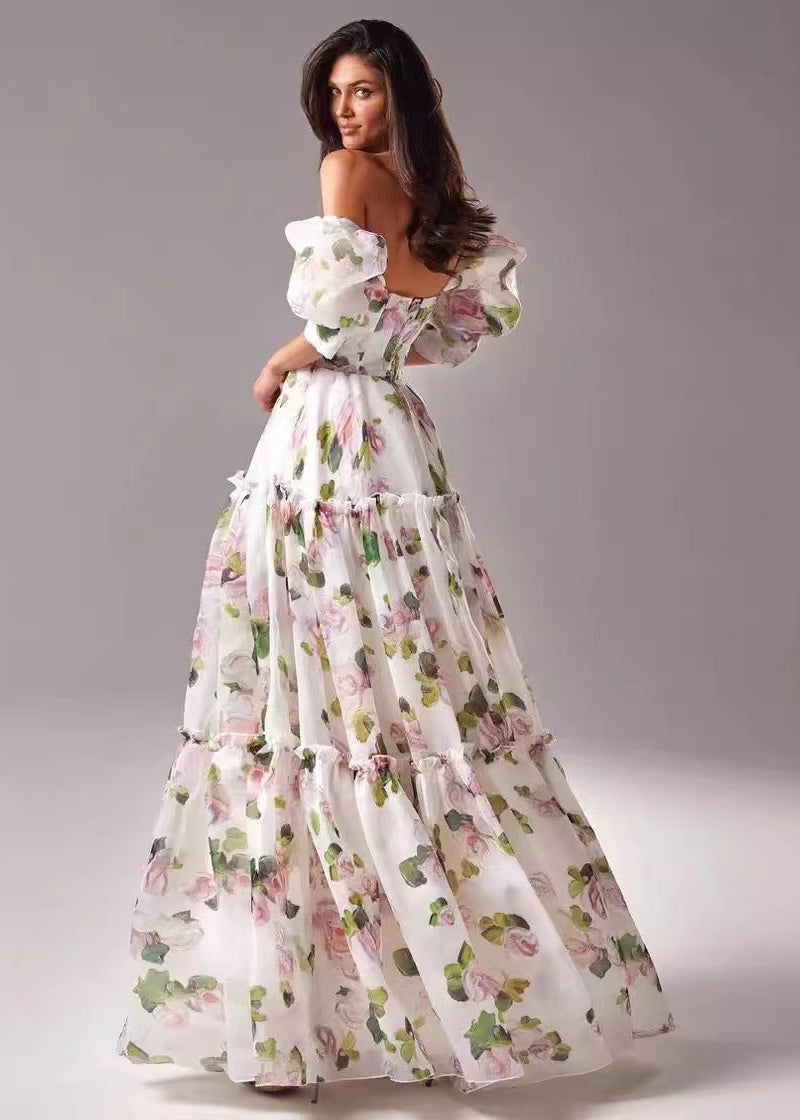 Off Shoulder Puff Sleeve Tiered Floral Organza Maxi Dress