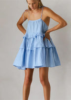 Square Neck Tie Shoulder Three Tier Ruffle Babydoll Mini Dress