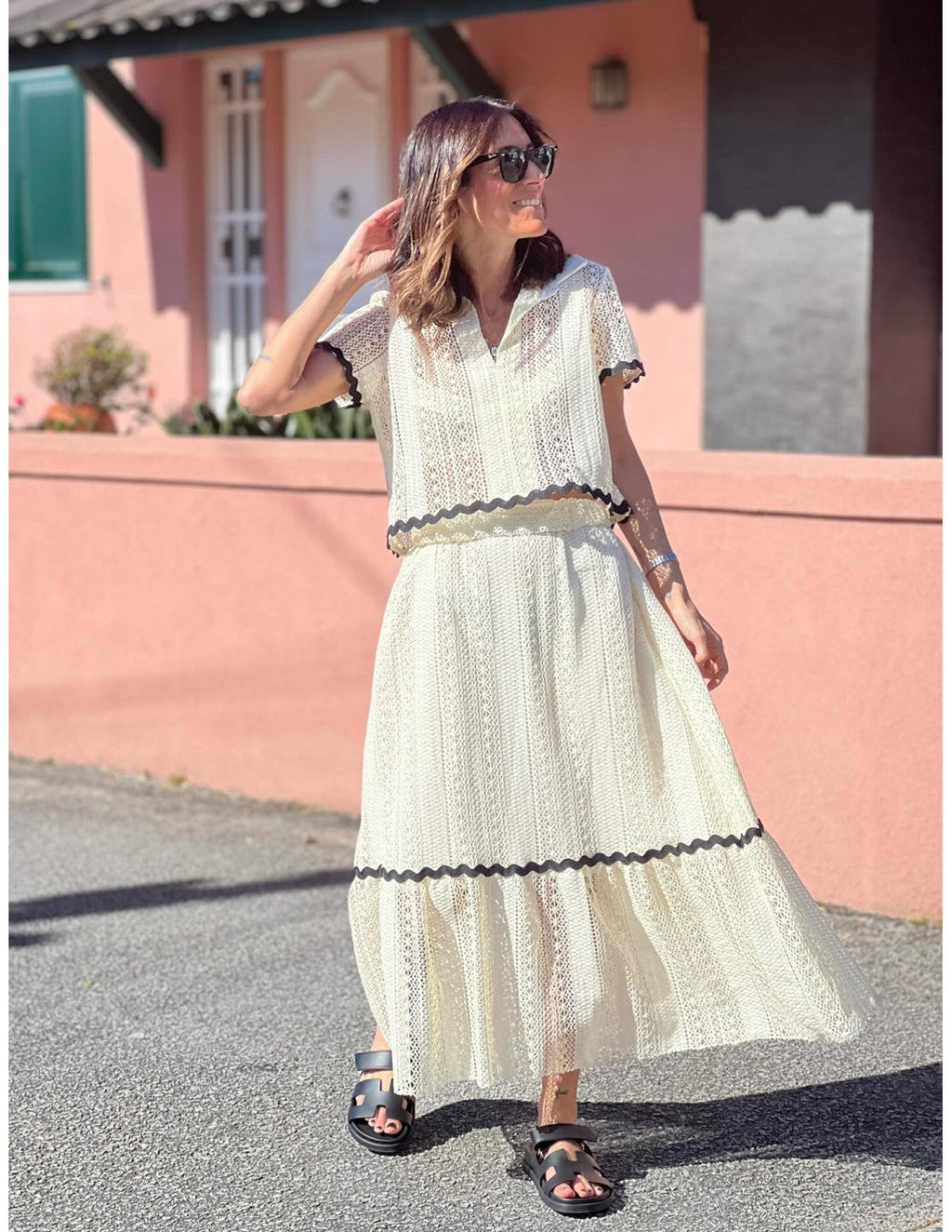 Summer Women Comfort Casual Shirt Collar Lace Skirt Set