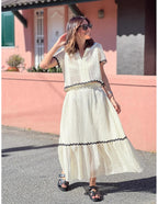 Summer Women Comfort Casual Shirt Collar Lace Skirt Set