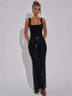 Square Neck Sequin Mesh Bodycon Maxi Gown