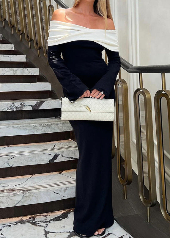 Off Shoulder Fold Over Collar Contrast Long Sleeve Bodycon Maxi Dress