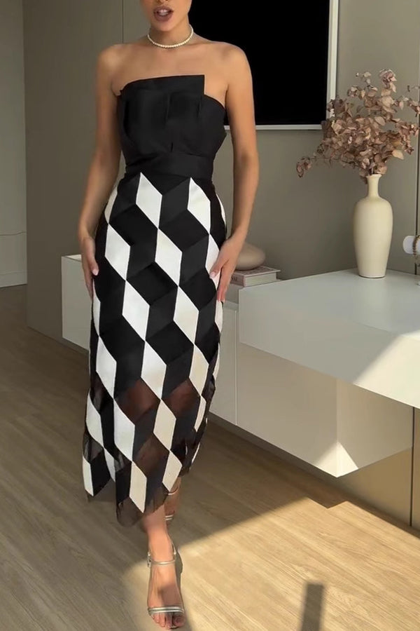 Sexy Tube Top and Backless Rhombus Contrast Midi Dress