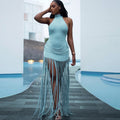 Halter Neck Ruched Hip Bodycon Mini Fringe Hem Dress