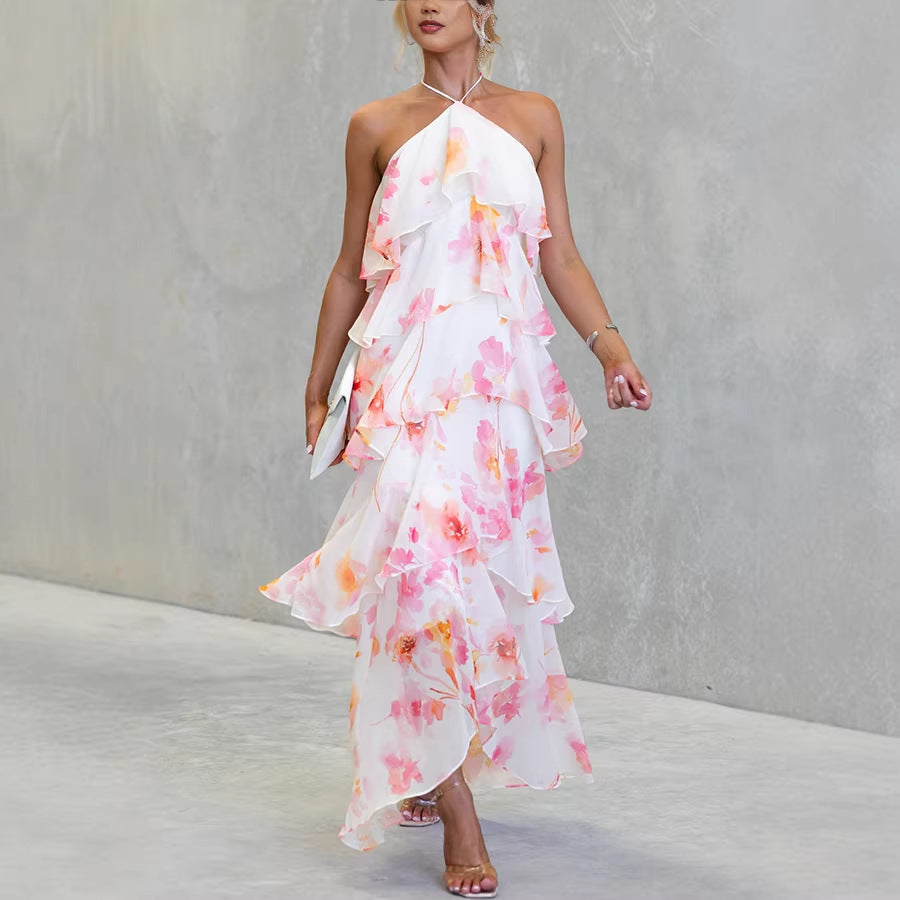 Halter Tie Tiered Ruffle Floral Chiffon Maxi Dress