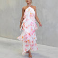 Halter Tie Tiered Ruffle Floral Chiffon Maxi Dress