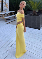 Off Shoulder Ruched Draped Waist Flowy Maxi Dress
