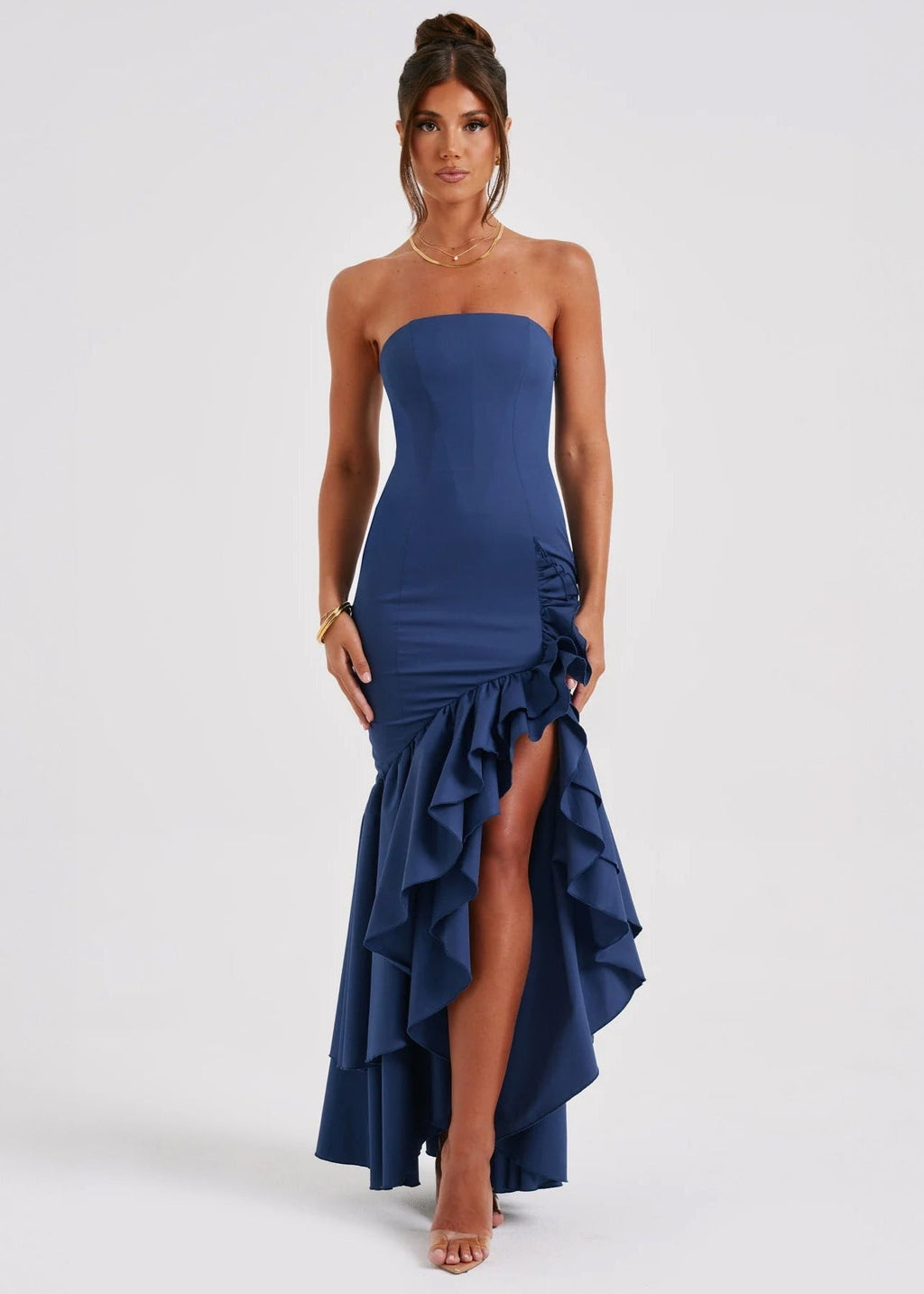 Strapless Ruffle Cascade High-Low Maxi Gown