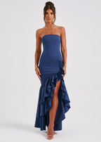 Strapless Ruffle Cascade High-Low Maxi Gown