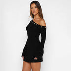 One Shoulder Grommet Trim Bell Sleeve Bodycon Mini Dress