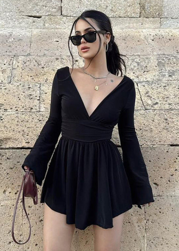 Deep V-Neck Bell Sleeve Ruched Waist Wrap Mini Dress