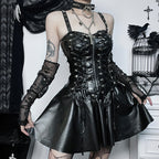 Lace up PU leather sweetheart neck solid zip-up mini dress