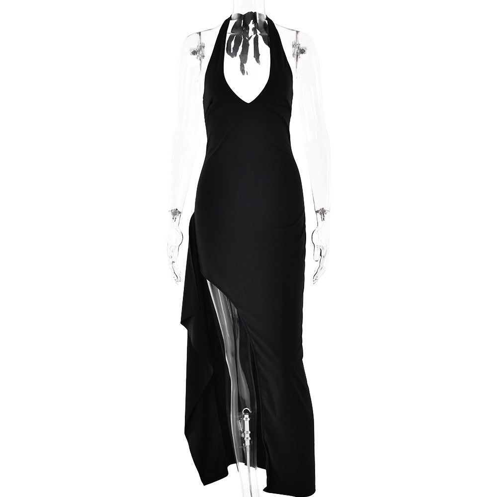 Halter Neck Deep V-Neck High Split Bodycon Maxi Gown