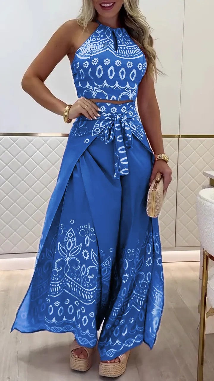 Boho Halter Top & Wide Leg Pants Two Piece Sets